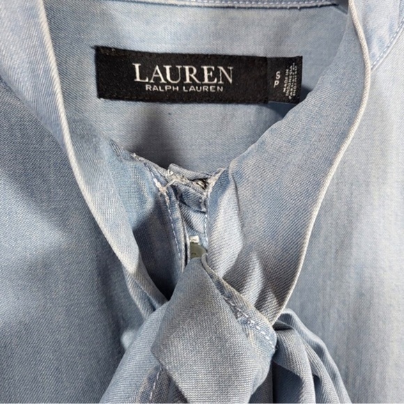 Lauren Ralph Lauren Tie Neck Button Up Blouse in Pale Blue Wash - Picture 2 of 9
